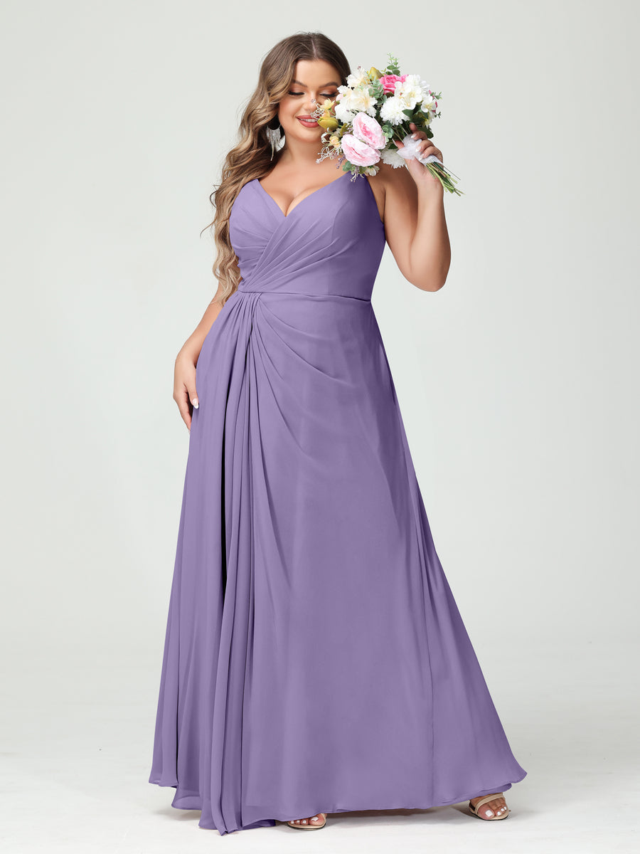 A-Line/Princess Spaghetti Straps Sleeveless Chiffon Plus Size Bridesmaid Dresses with Pockets & Split Side