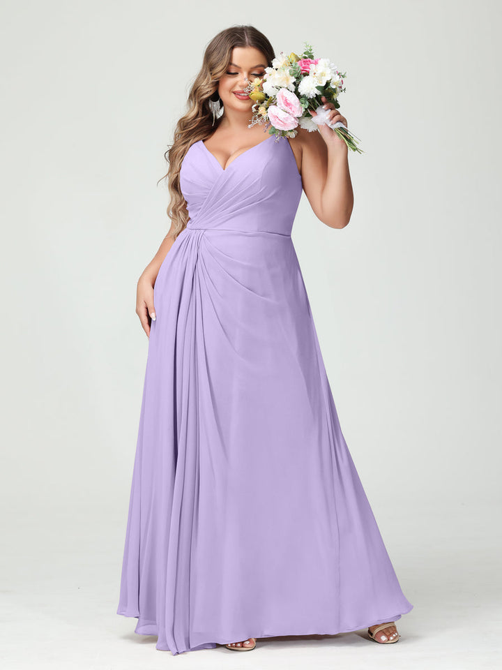 A-Line/Princess Spaghetti Straps Sleeveless Chiffon Plus Size Bridesmaid Dresses with Pockets & Split Side