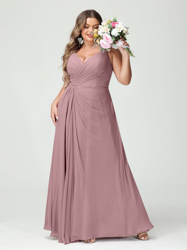 A-Line/Princess Spaghetti Straps Sleeveless Chiffon Plus Size Bridesmaid Dresses with Pockets & Split Side
