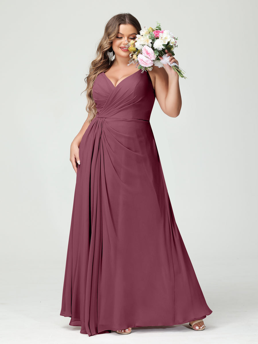A-Line/Princess Spaghetti Straps Sleeveless Chiffon Plus Size Bridesmaid Dresses with Pockets & Split Side