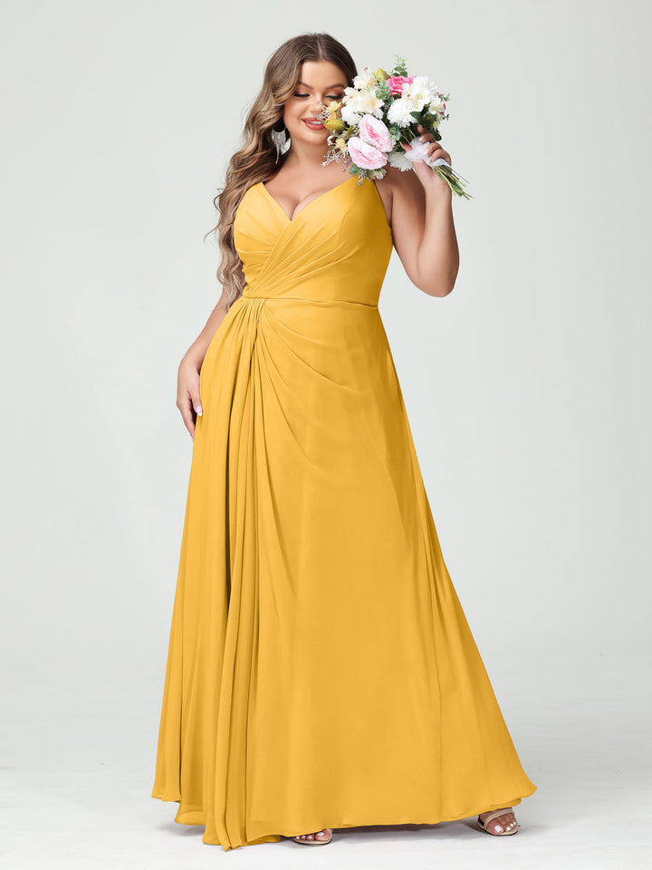 A-Line/Princess Spaghetti Straps Sleeveless Chiffon Plus Size Bridesmaid Dresses with Pockets & Split Side