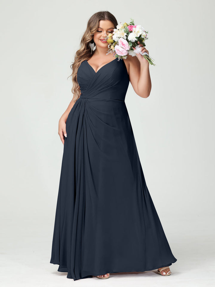A-Line/Princess Spaghetti Straps Sleeveless Chiffon Plus Size Bridesmaid Dresses with Pockets & Split Side