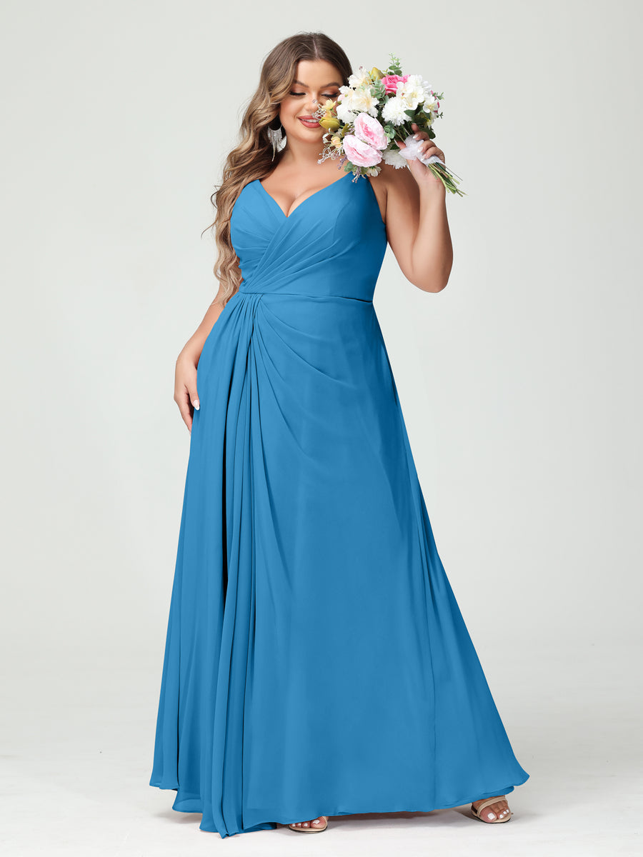 A-Line/Princess Spaghetti Straps Sleeveless Chiffon Plus Size Bridesmaid Dresses with Pockets & Split Side