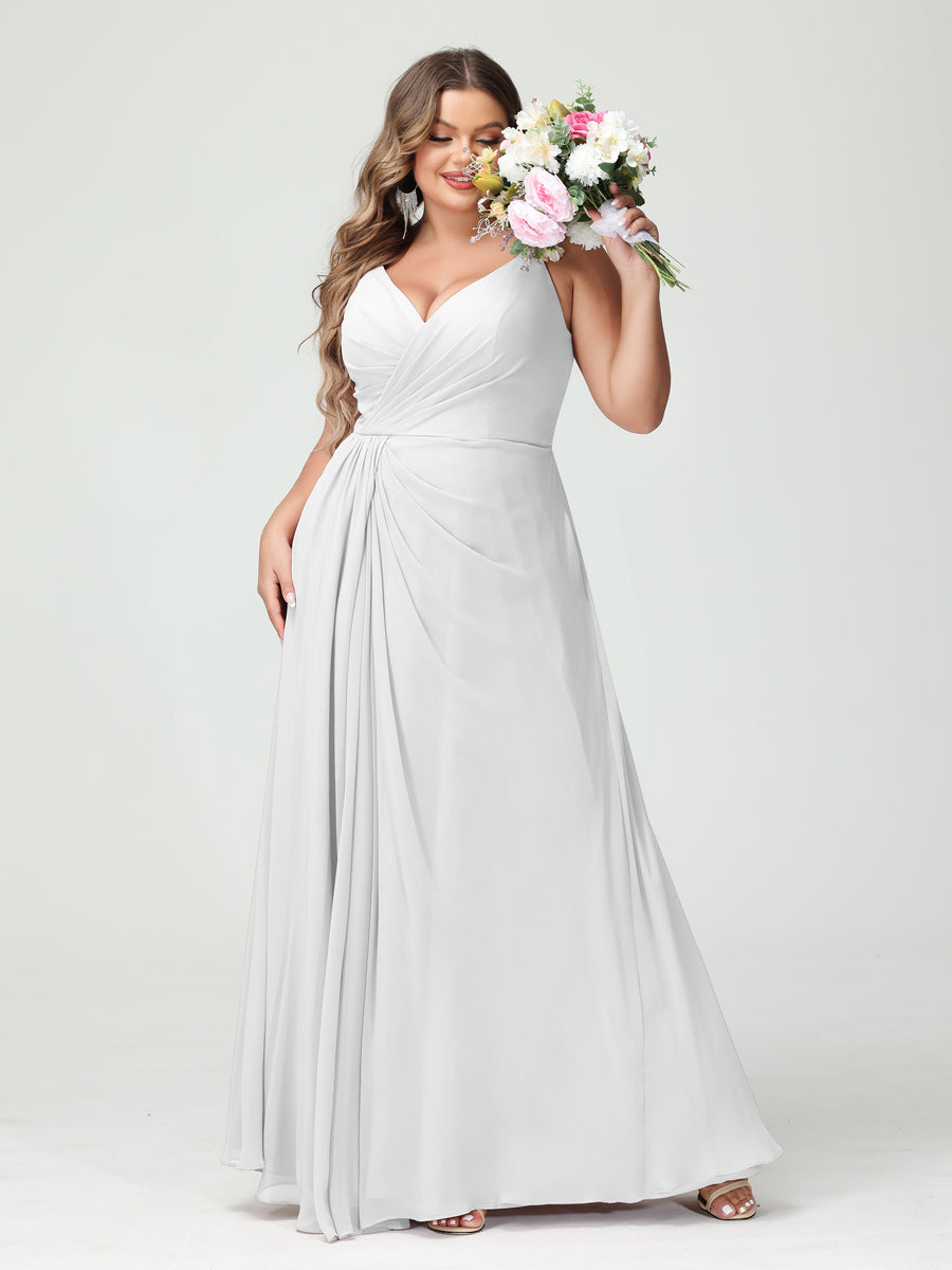 A-Line/Princess Spaghetti Straps Sleeveless Chiffon Plus Size Bridesmaid Dresses with Pockets & Split Side