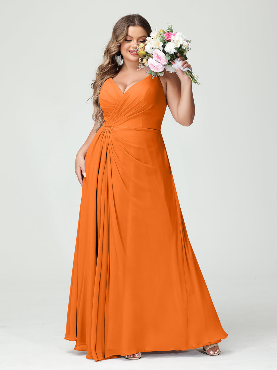 A-Line/Princess Spaghetti Straps Sleeveless Chiffon Plus Size Bridesmaid Dresses with Pockets & Split Side
