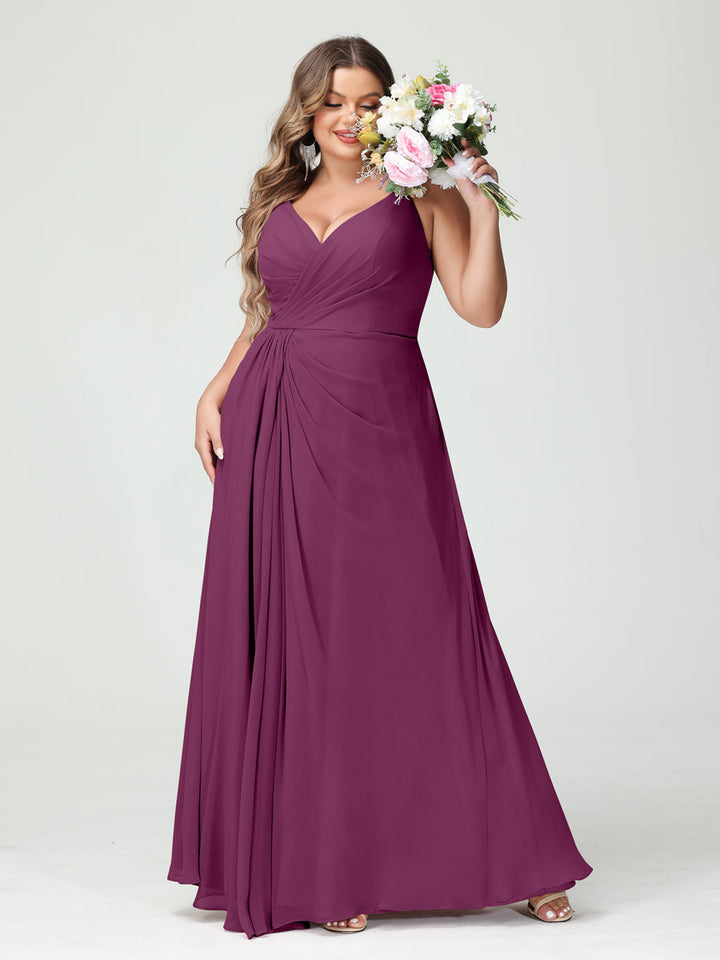 A-Line/Princess Spaghetti Straps Sleeveless Chiffon Plus Size Bridesmaid Dresses with Pockets & Split Side