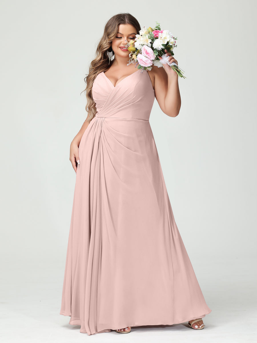 A-Line/Princess Spaghetti Straps Sleeveless Chiffon Plus Size Bridesmaid Dresses with Pockets & Split Side