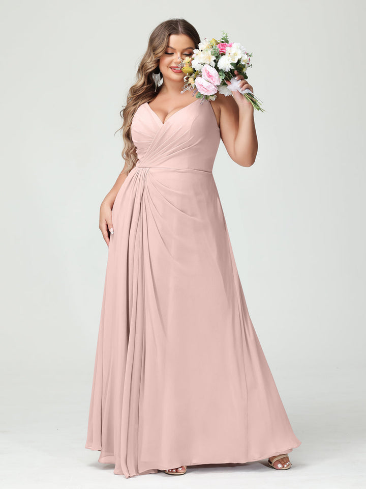 A-Line/Princess Spaghetti Straps Sleeveless Chiffon Plus Size Bridesmaid Dresses with Pockets & Split Side