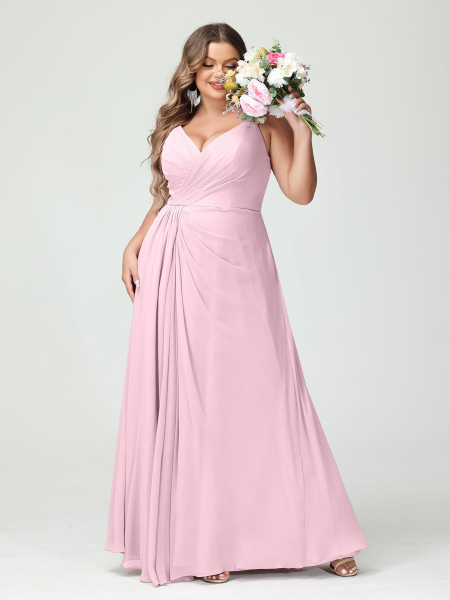 A-Line/Princess Spaghetti Straps Sleeveless Chiffon Plus Size Bridesmaid Dresses with Pockets & Split Side