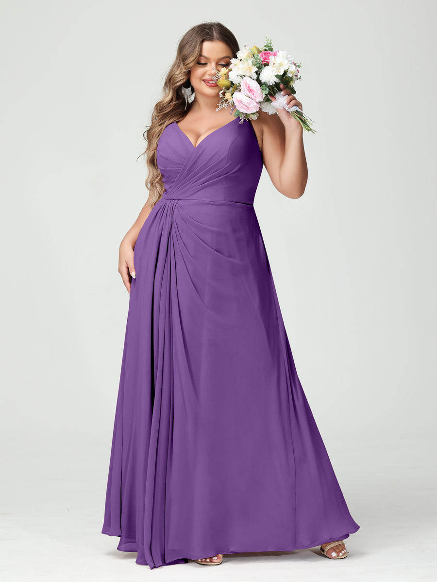 A-Line/Princess Spaghetti Straps Sleeveless Chiffon Plus Size Bridesmaid Dresses with Pockets & Split Side