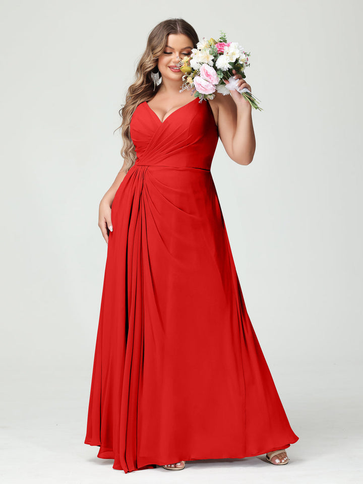 A-Line/Princess Spaghetti Straps Sleeveless Chiffon Plus Size Bridesmaid Dresses with Pockets & Split Side