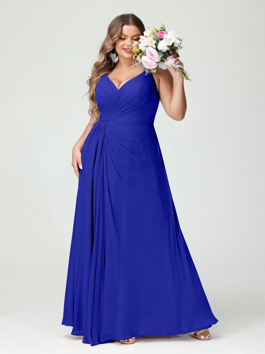 A-Line/Princess Spaghetti Straps Sleeveless Chiffon Plus Size Bridesmaid Dresses with Pockets & Split Side