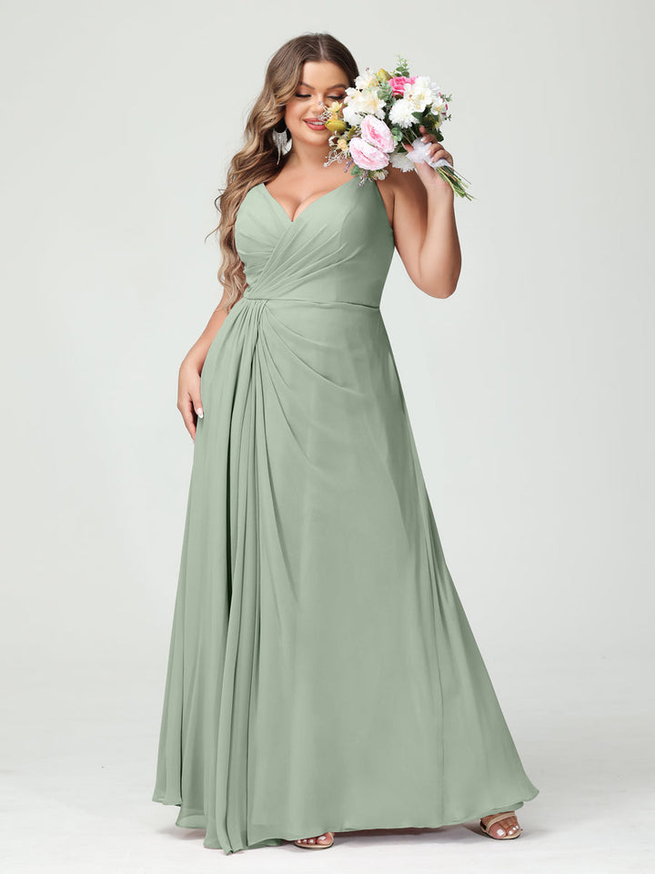 A-Line/Princess Spaghetti Straps Sleeveless Chiffon Plus Size Bridesmaid Dresses with Pockets & Split Side