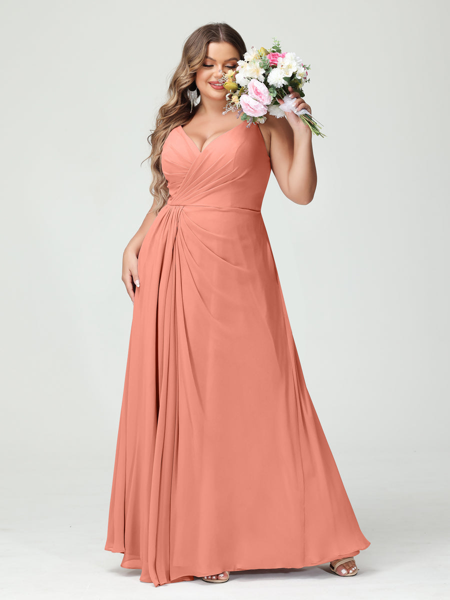 A-Line/Princess Spaghetti Straps Sleeveless Chiffon Plus Size Bridesmaid Dresses with Pockets & Split Side