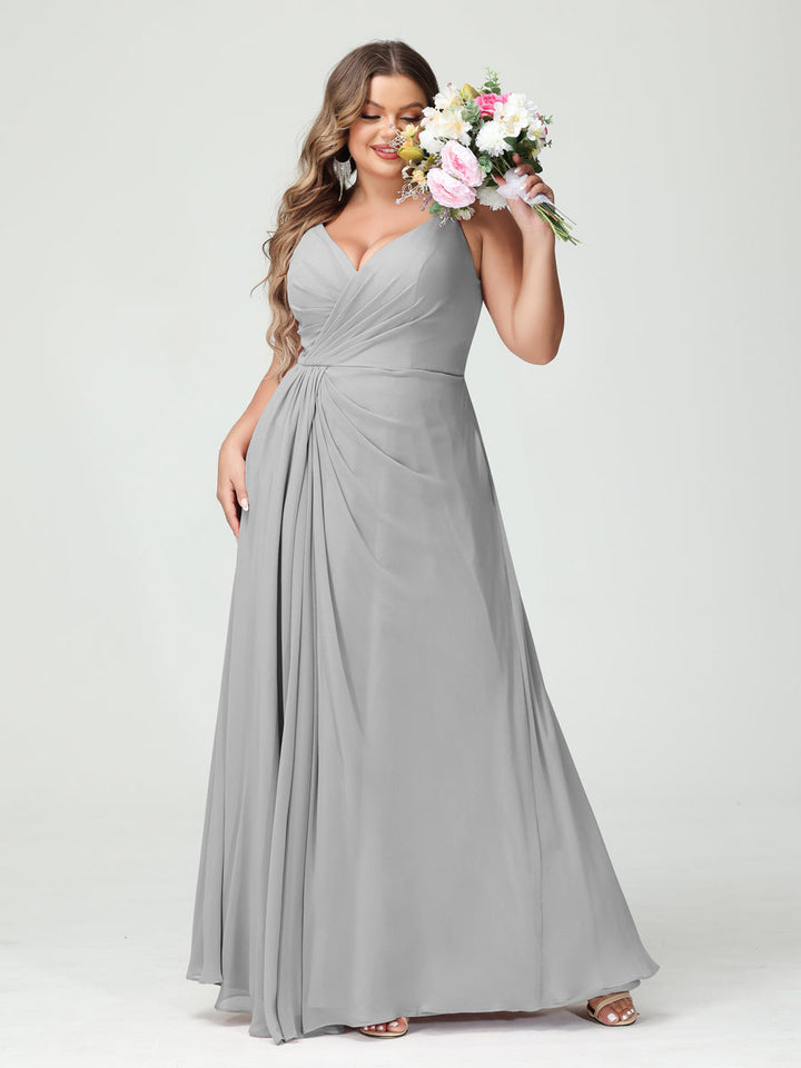 A-Line/Princess Spaghetti Straps Sleeveless Chiffon Plus Size Bridesmaid Dresses with Pockets & Split Side