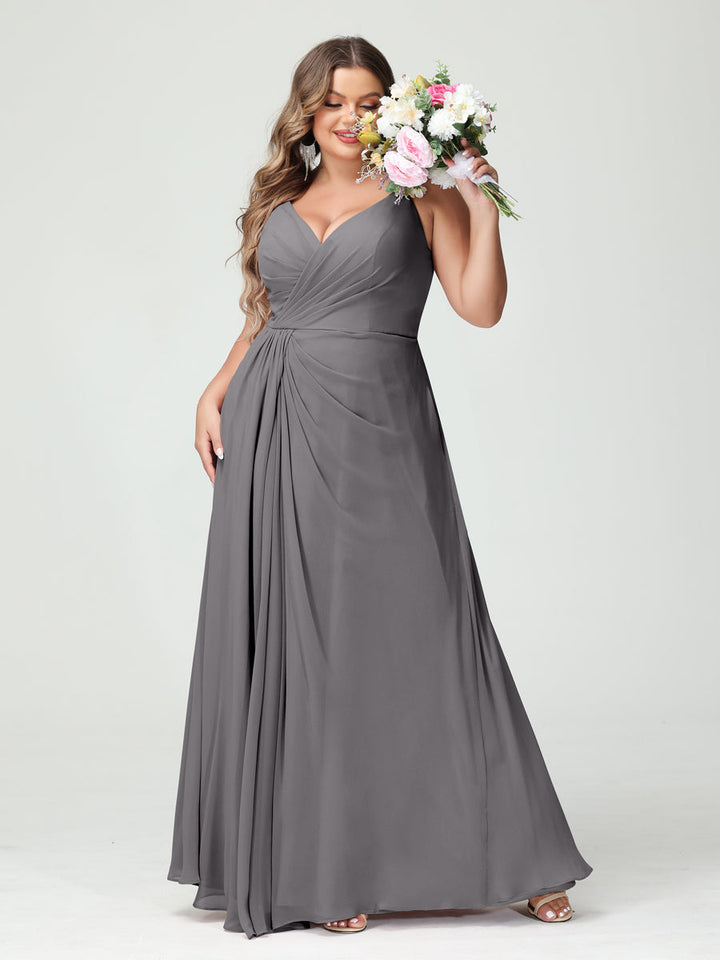A-Line/Princess Spaghetti Straps Sleeveless Chiffon Plus Size Bridesmaid Dresses with Pockets & Split Side