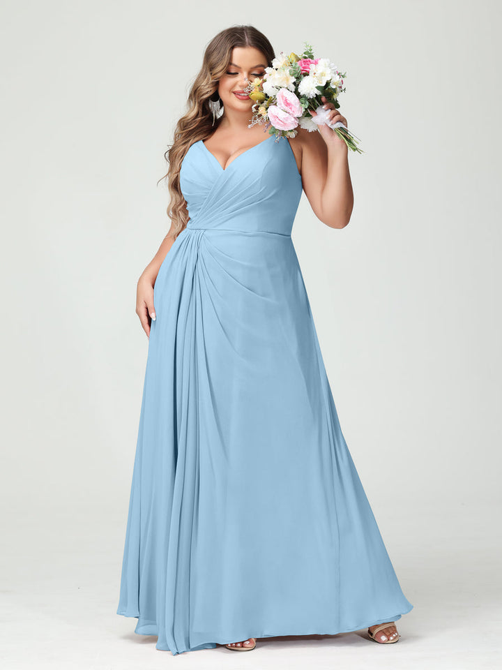 A-Line/Princess Spaghetti Straps Sleeveless Chiffon Plus Size Bridesmaid Dresses with Pockets & Split Side