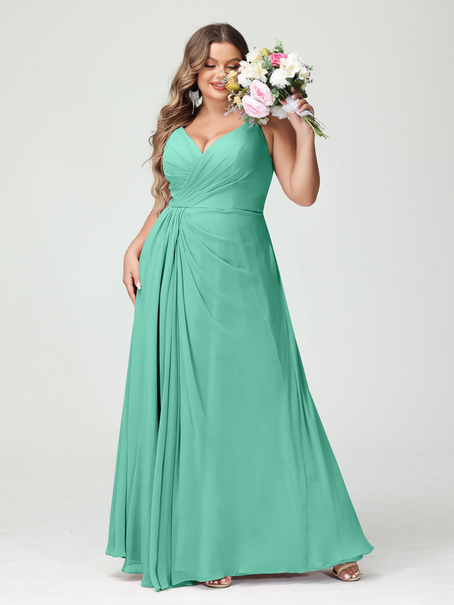 A-Line/Princess Spaghetti Straps Sleeveless Chiffon Plus Size Bridesmaid Dresses with Pockets & Split Side