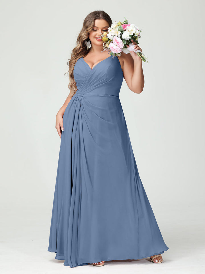 A-Line/Princess Spaghetti Straps Sleeveless Chiffon Plus Size Bridesmaid Dresses with Pockets & Split Side