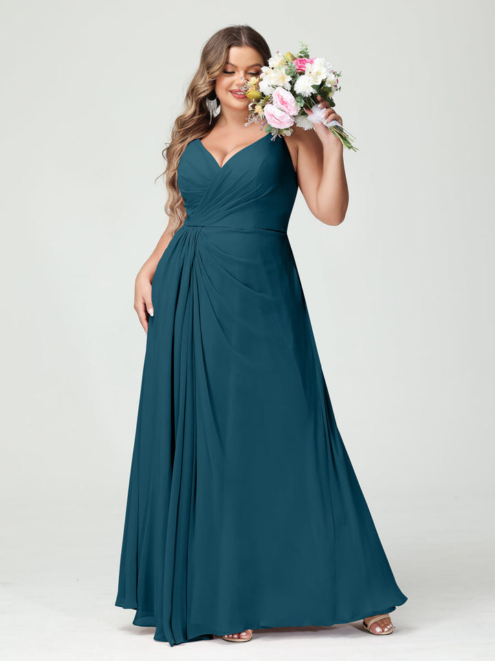 A-Line/Princess Spaghetti Straps Sleeveless Chiffon Plus Size Bridesmaid Dresses with Pockets & Split Side