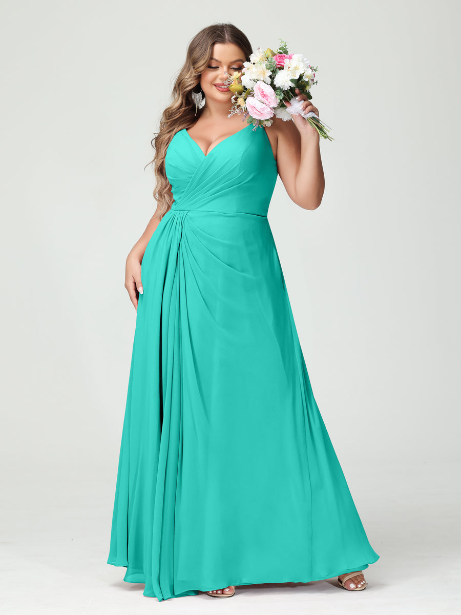A-Line/Princess Spaghetti Straps Sleeveless Chiffon Plus Size Bridesmaid Dresses with Pockets & Split Side