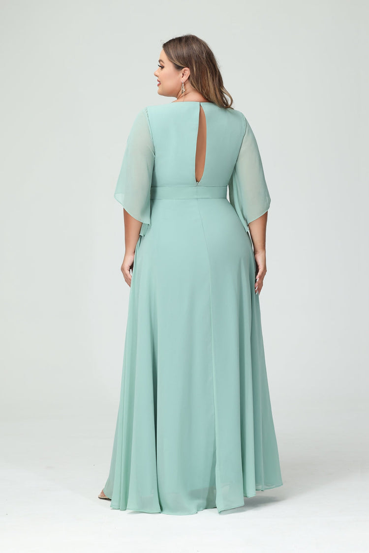 A-Line/Princess V-Neck Long Sleeves Chiffon Plus Size Bridesmaid Dresses With Pockets Belt & Split Side