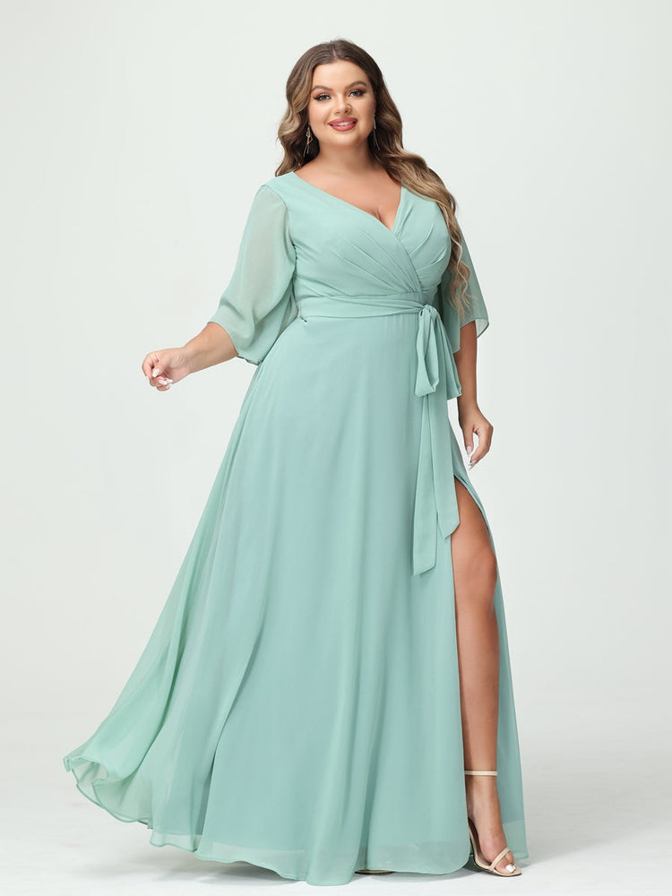 A-Line/Princess V-Neck Long Sleeves Chiffon Plus Size Bridesmaid Dresses With Pockets Belt & Split Side