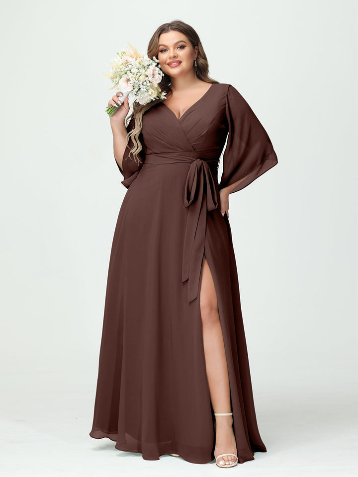 A-Line/Princess V-Neck Long Sleeves Chiffon Plus Size Bridesmaid Dresses With Pockets Belt & Split Side