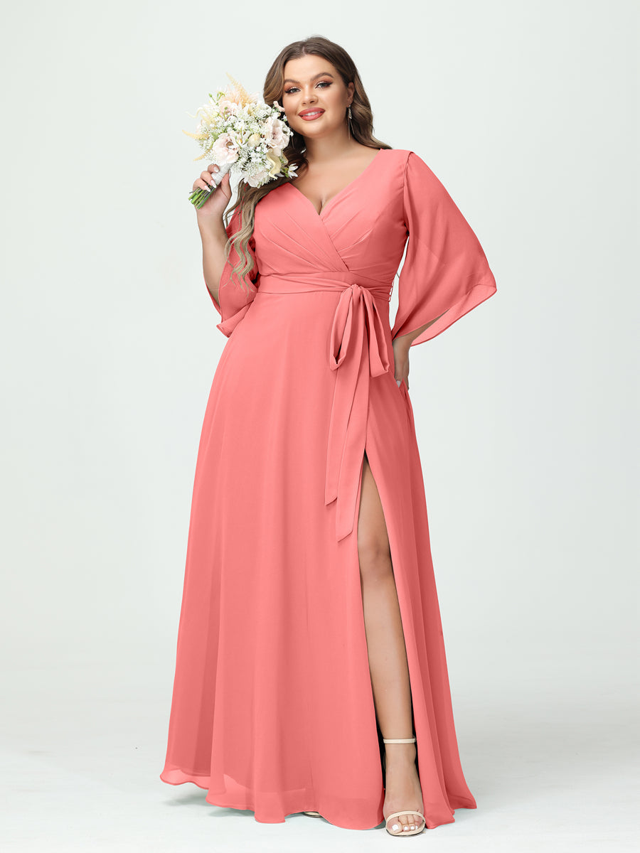 A-Line/Princess V-Neck Long Sleeves Chiffon Plus Size Bridesmaid Dresses With Pockets Belt & Split Side