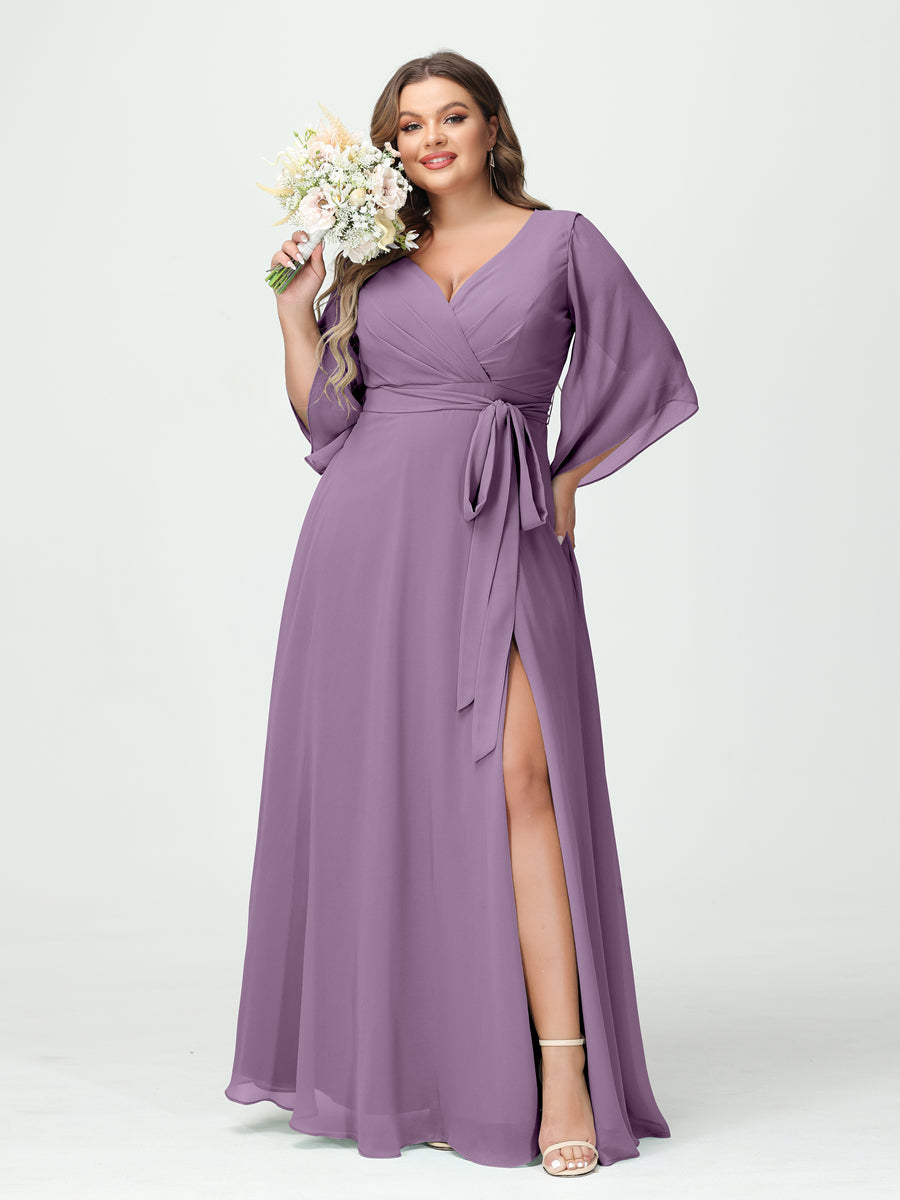 A-Line/Princess V-Neck Long Sleeves Chiffon Plus Size Bridesmaid Dresses With Pockets Belt & Split Side