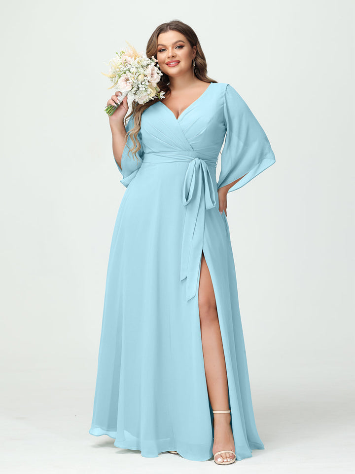 A-Line/Princess V-Neck Long Sleeves Chiffon Plus Size Bridesmaid Dresses With Pockets Belt & Split Side