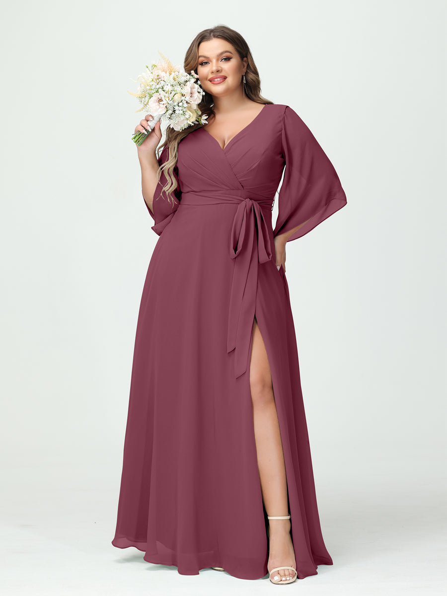 A-Line/Princess V-Neck Long Sleeves Chiffon Plus Size Bridesmaid Dresses With Pockets Belt & Split Side