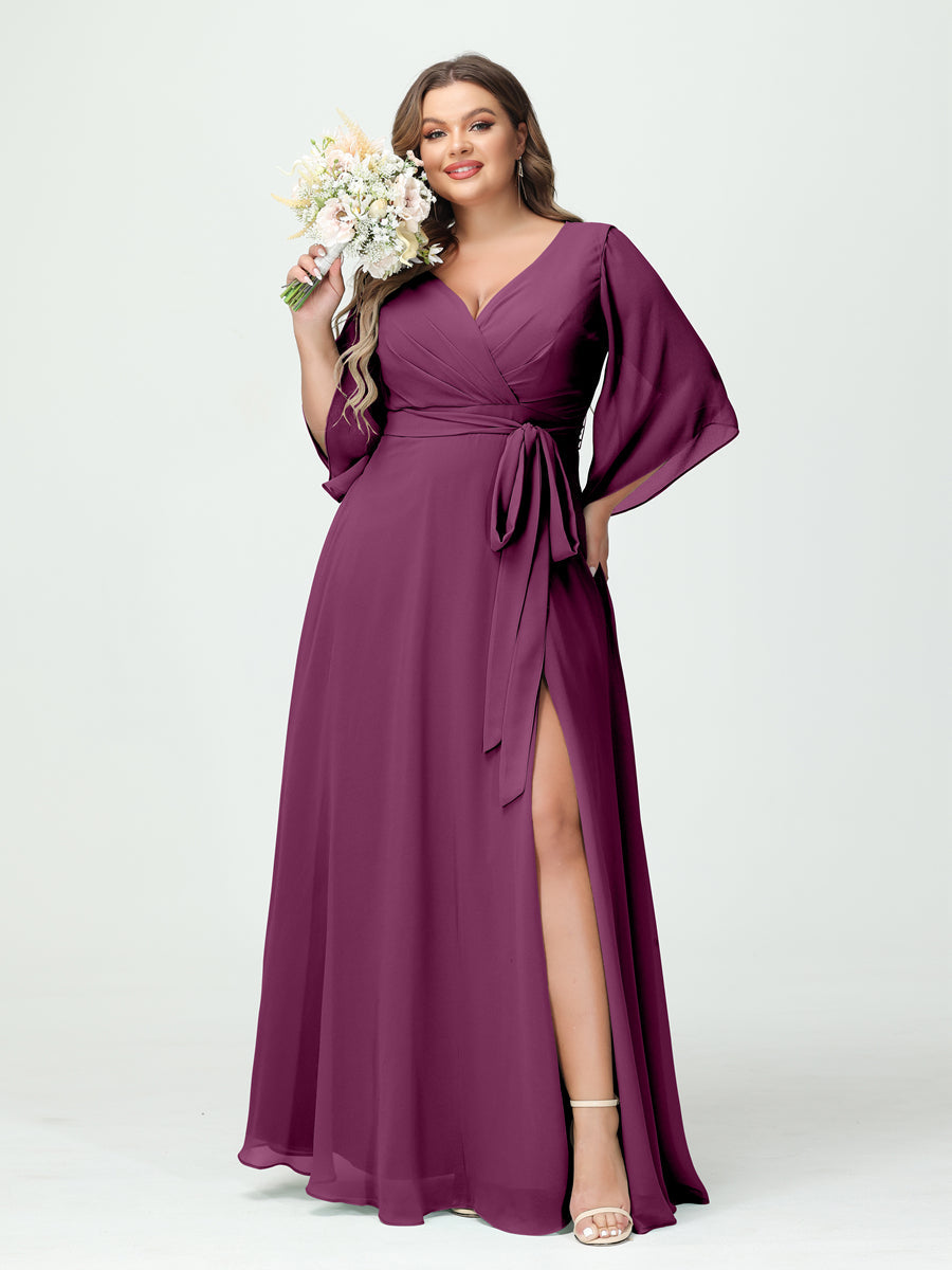 A-Line/Princess V-Neck Long Sleeves Chiffon Plus Size Bridesmaid Dresses With Pockets Belt & Split Side