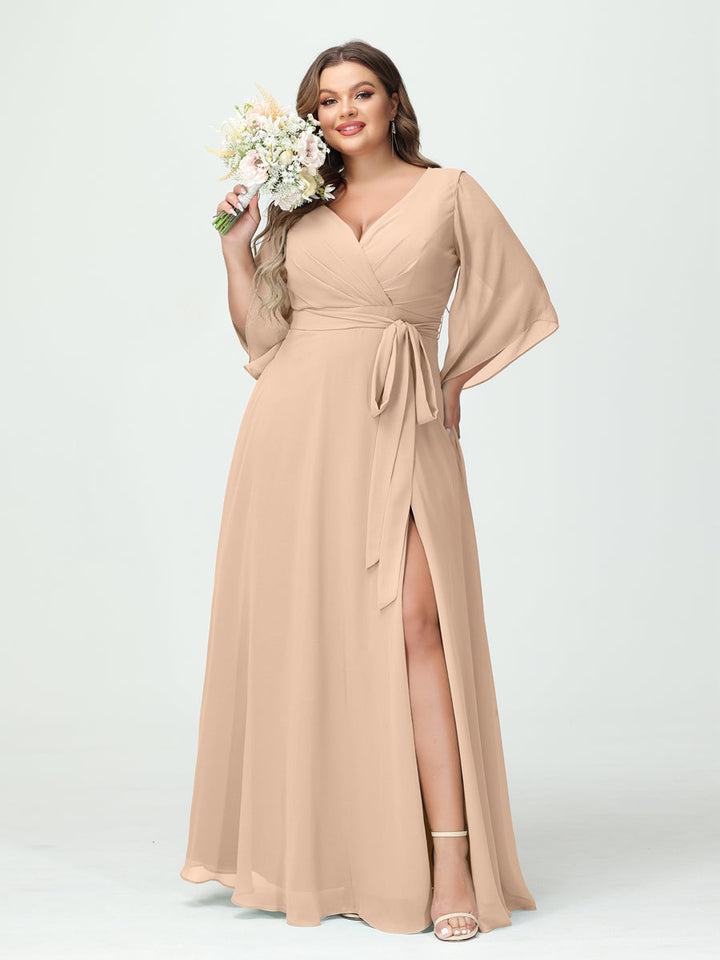 A-Line/Princess V-Neck Long Sleeves Chiffon Plus Size Bridesmaid Dresses With Pockets Belt & Split Side