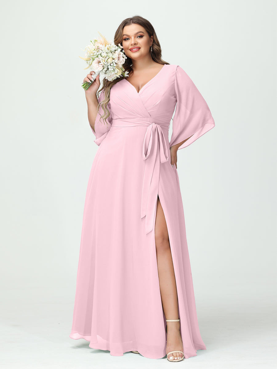 A-Line/Princess V-Neck Long Sleeves Chiffon Plus Size Bridesmaid Dresses With Pockets Belt & Split Side