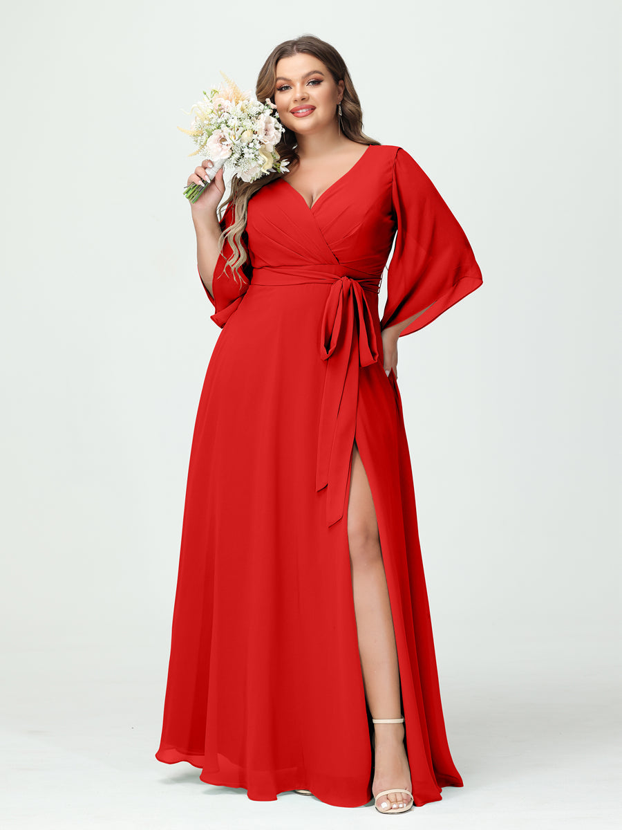 A-Line/Princess V-Neck Long Sleeves Chiffon Plus Size Bridesmaid Dresses With Pockets Belt & Split Side