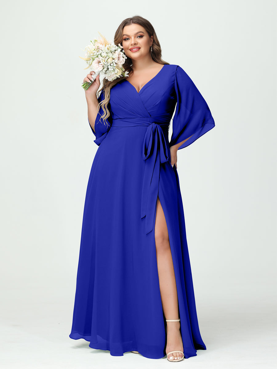 A-Line/Princess V-Neck Long Sleeves Chiffon Plus Size Bridesmaid Dresses With Pockets Belt & Split Side