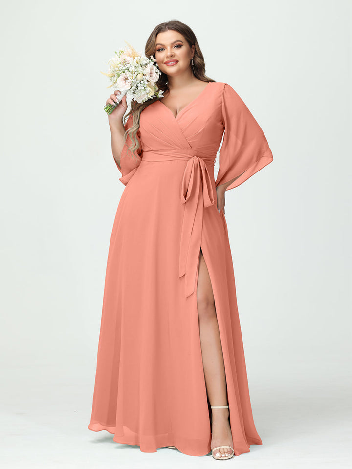 A-Line/Princess V-Neck Long Sleeves Chiffon Plus Size Bridesmaid Dresses With Pockets Belt & Split Side