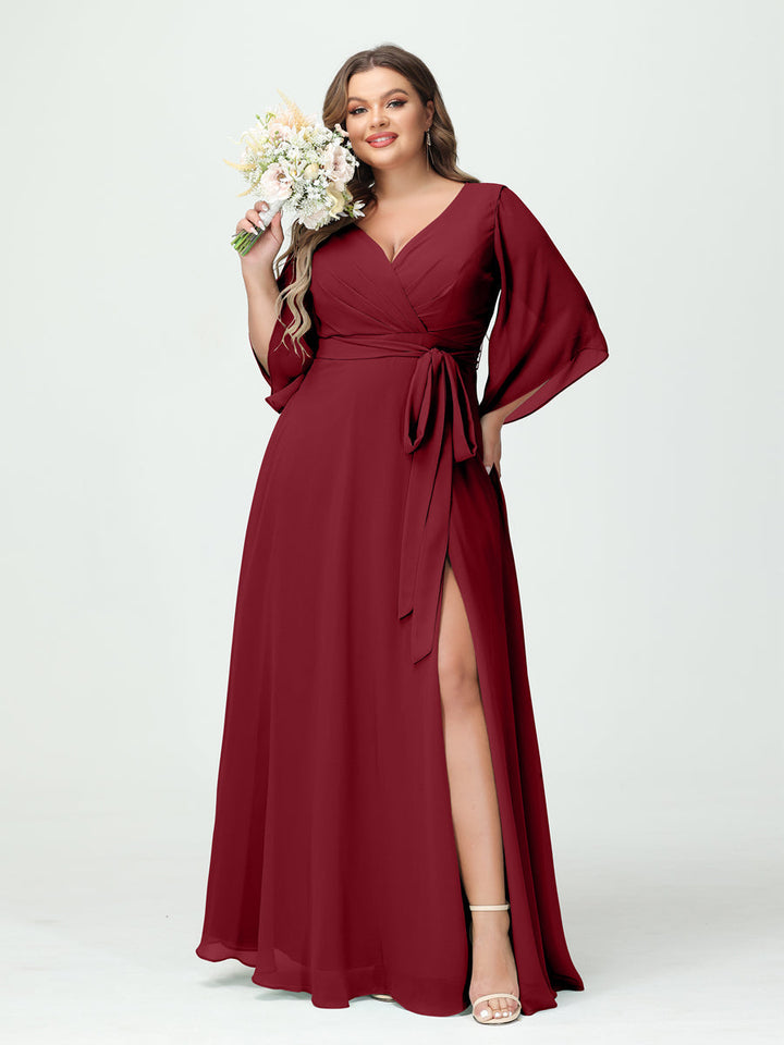 A-Line/Princess V-Neck Long Sleeves Chiffon Plus Size Bridesmaid Dresses With Pockets Belt & Split Side