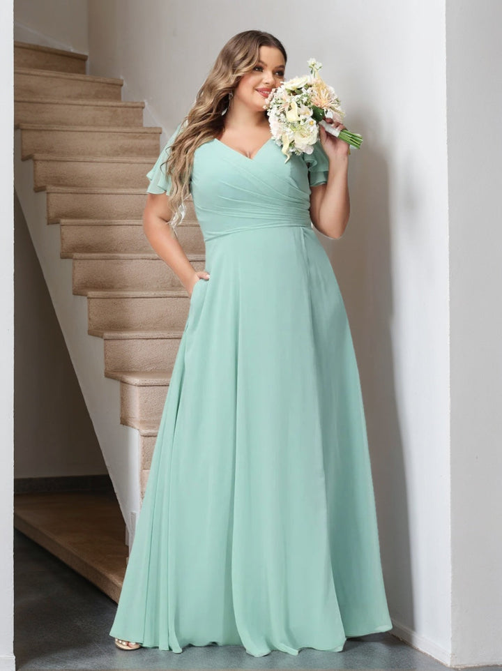 A-Line/Princess V-Neck Short Sleeves Chiffon Plus Size Bridesmaid Dresses with Pockets & Split Side