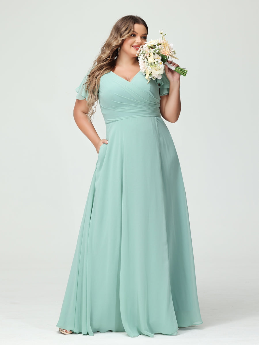 A-Line/Princess V-Neck Short Sleeves Chiffon Plus Size Bridesmaid Dresses with Pockets & Split Side
