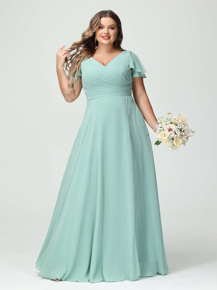 A-Line/Princess V-Neck Short Sleeves Chiffon Plus Size Bridesmaid Dresses with Pockets & Split Side