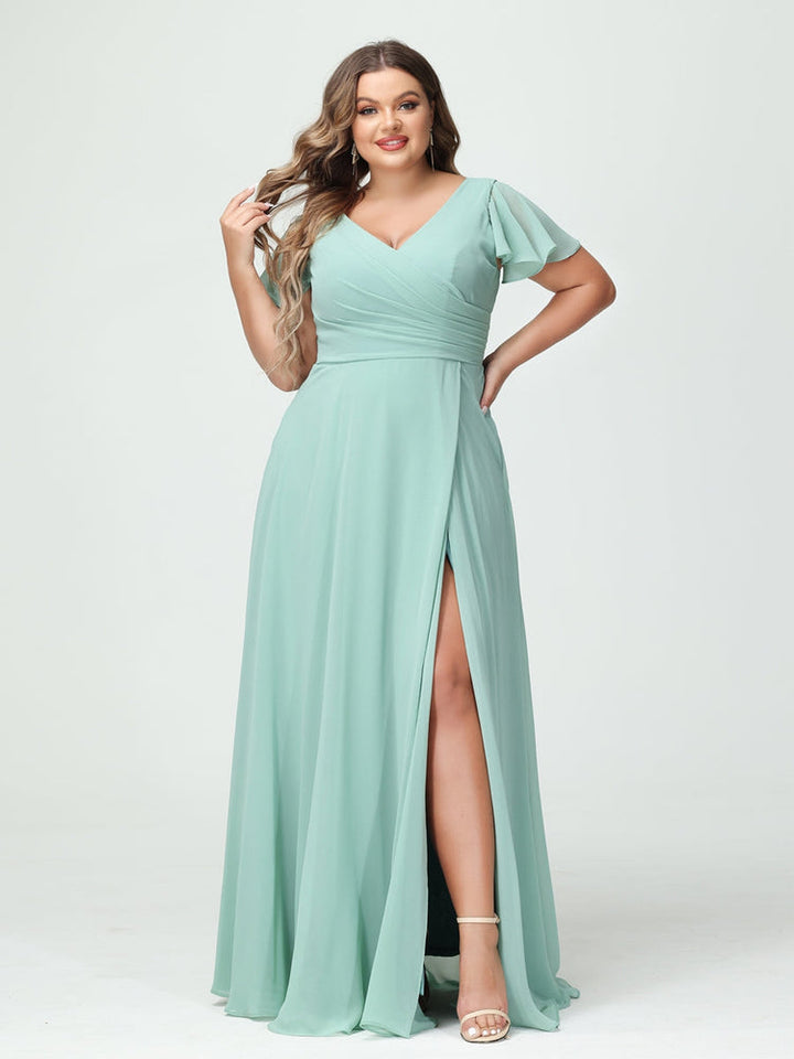 A-Line/Princess V-Neck Short Sleeves Chiffon Plus Size Bridesmaid Dresses with Pockets & Split Side