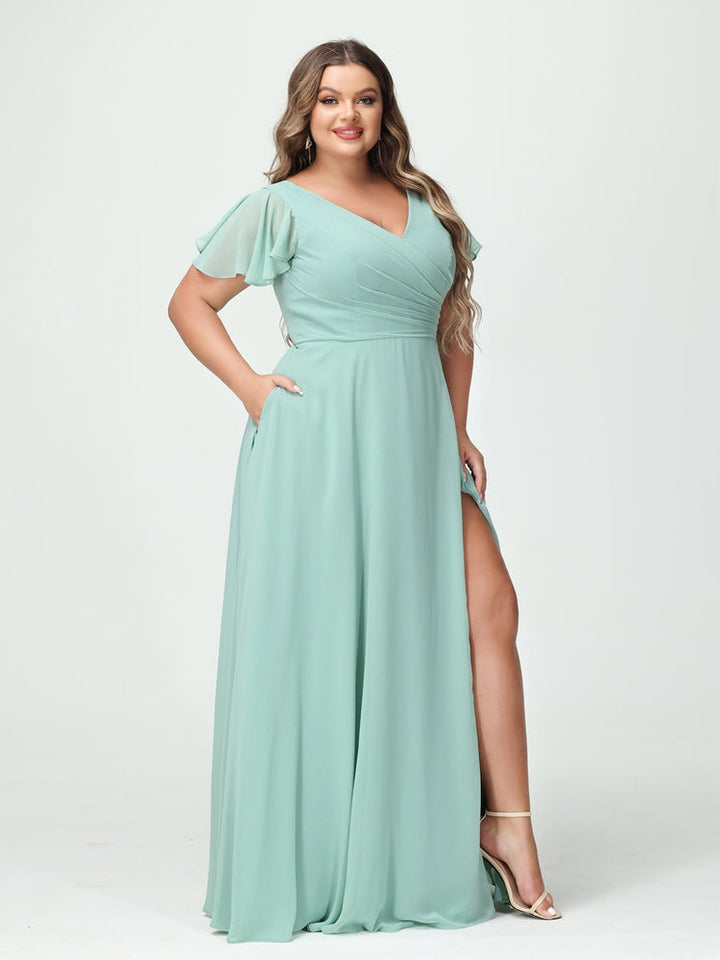 A-Line/Princess V-Neck Short Sleeves Chiffon Plus Size Bridesmaid Dresses with Pockets & Split Side