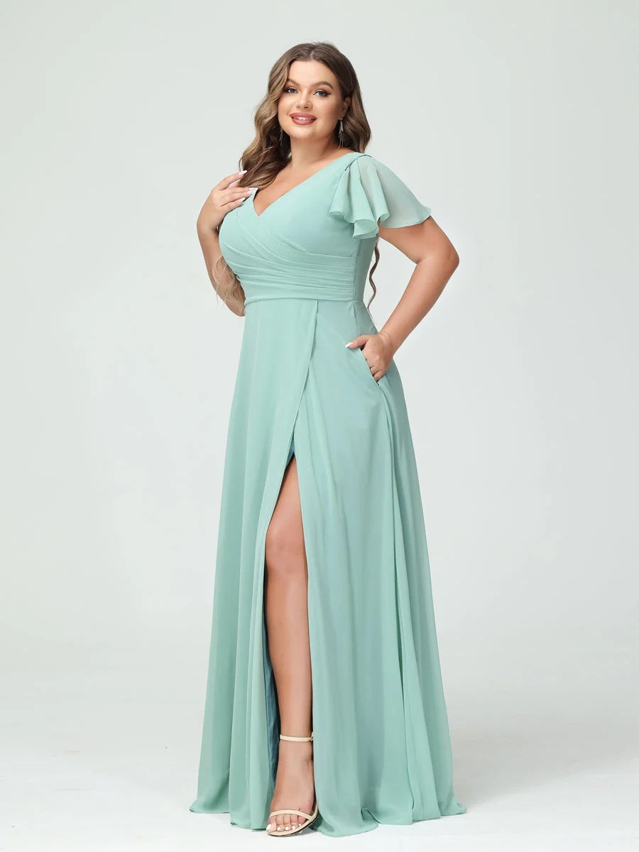A-Line/Princess V-Neck Short Sleeves Chiffon Plus Size Bridesmaid Dresses with Pockets & Split Side