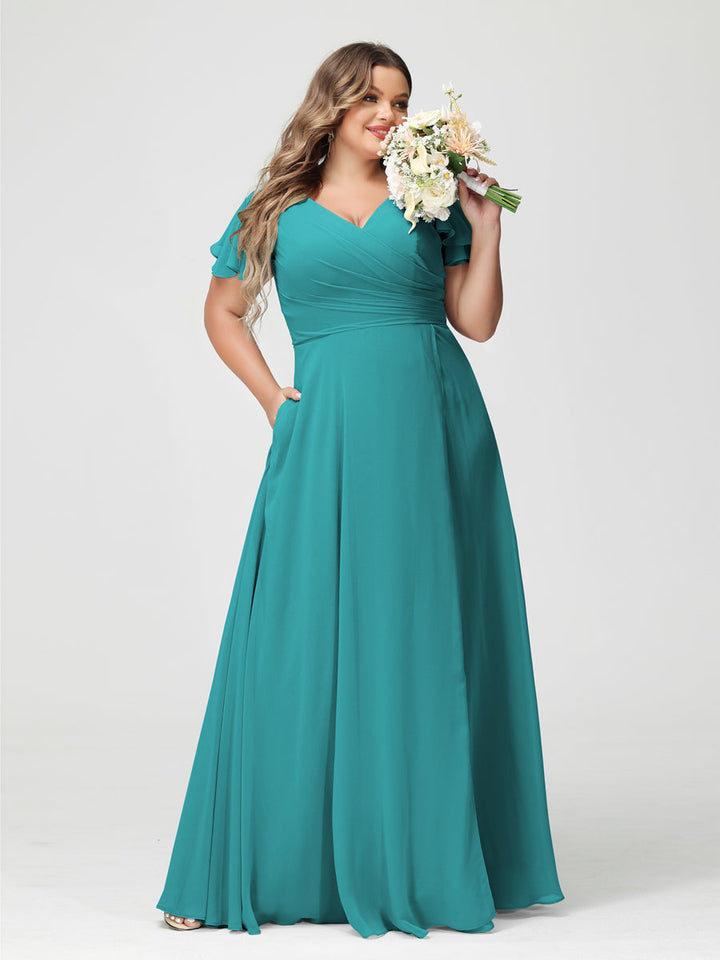 A-Line/Princess V-Neck Short Sleeves Chiffon Plus Size Bridesmaid Dresses with Pockets & Split Side