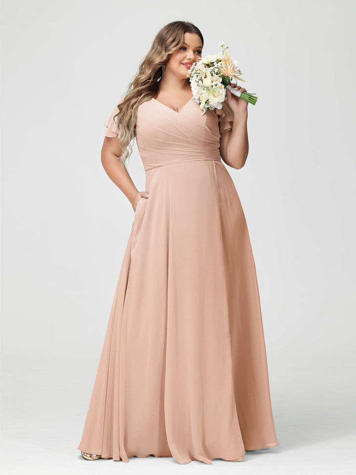 A-Line/Princess V-Neck Short Sleeves Chiffon Plus Size Bridesmaid Dresses with Pockets & Split Side