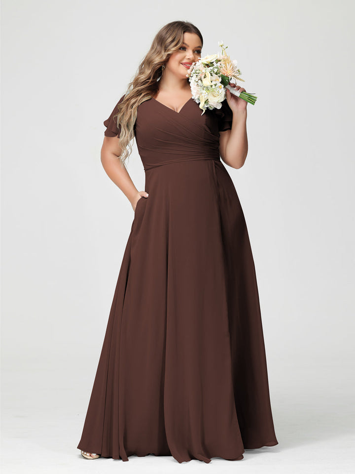 A-Line/Princess V-Neck Short Sleeves Chiffon Plus Size Bridesmaid Dresses with Pockets & Split Side