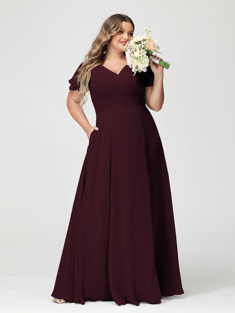 A-Line/Princess V-Neck Short Sleeves Chiffon Plus Size Bridesmaid Dresses with Pockets & Split Side