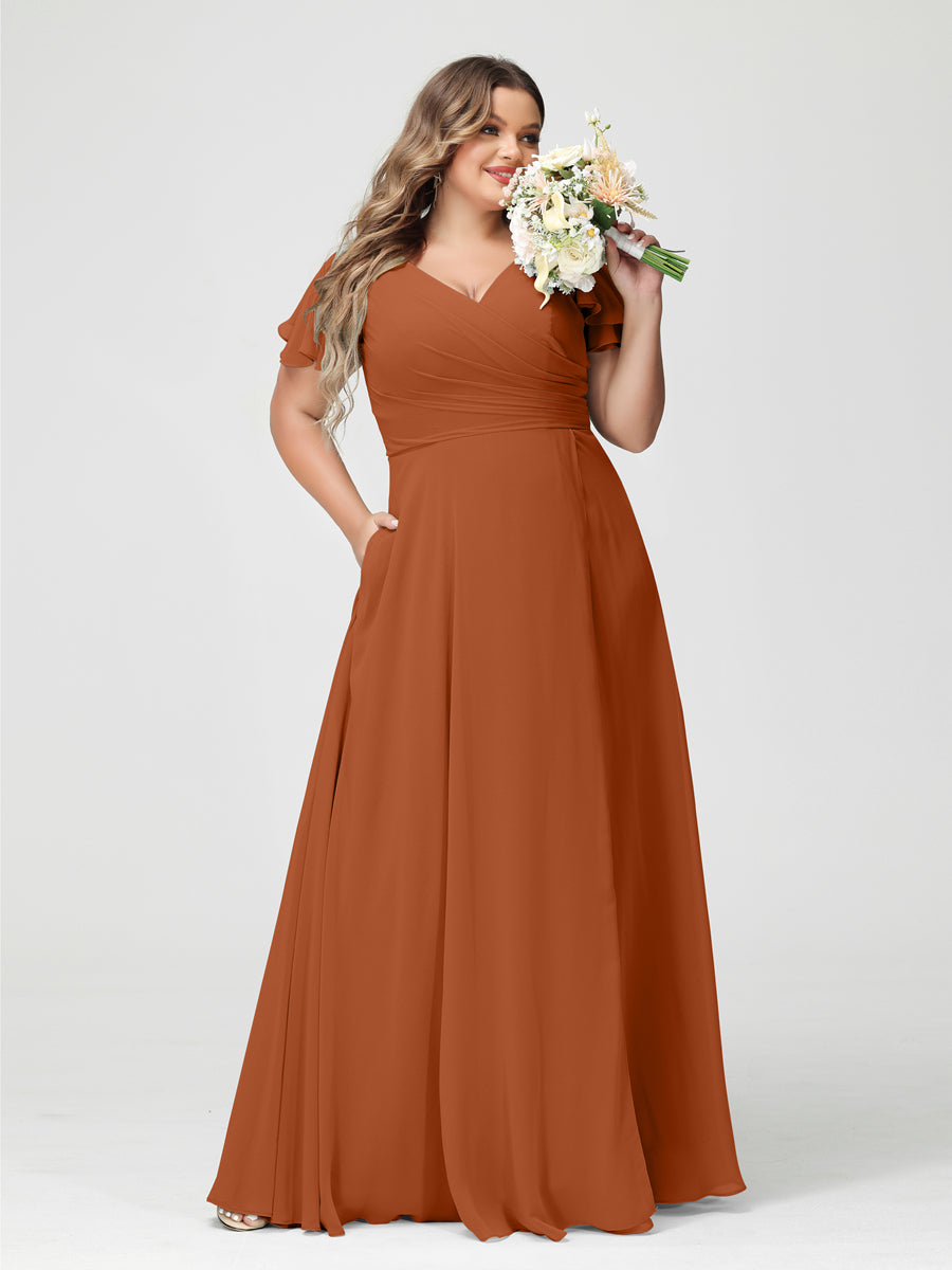 A-Line/Princess V-Neck Short Sleeves Chiffon Plus Size Bridesmaid Dresses with Pockets & Split Side